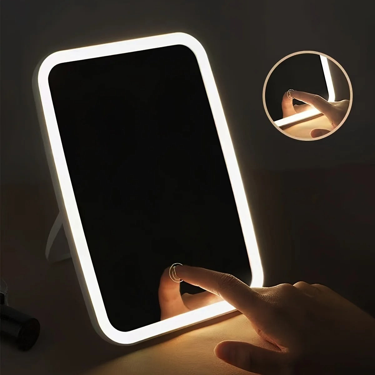 Touch Screen LED Makeup Mirror 3-Color Light USB Rechargeable Adjustable Vanity Mirror