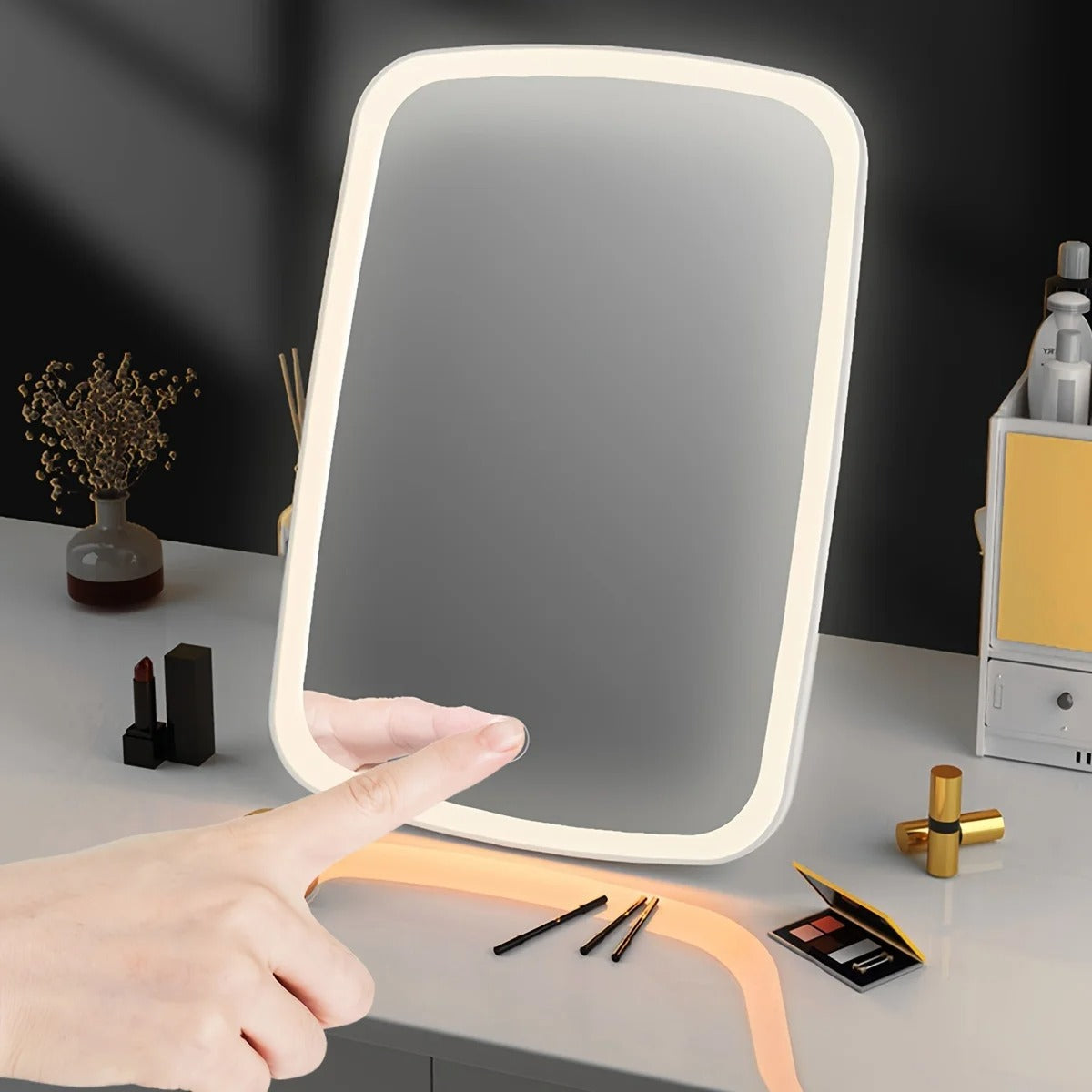 Touch Screen LED Makeup Mirror 3-Color Light USB Rechargeable Adjustable Vanity Mirror